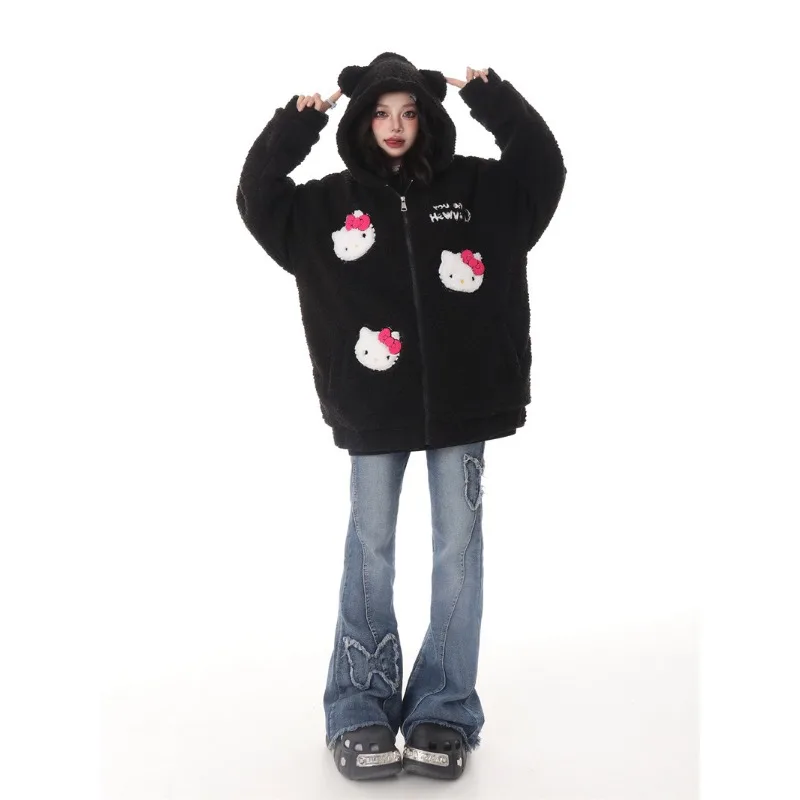 Sanrio Hello Kitty Lamb Wool Zip Up Coat Sweater For Women Winter Cute Thickened Japanese Harajuku Hoodie Y2k Girls Sweatshirt