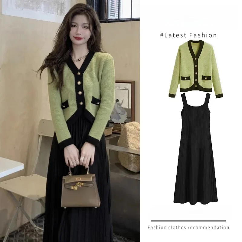 Olive een Cardigan lavorato a maglia in colore a contrasto e cinturino Dr Set Faion da donna Autunno Inverno Set in due pezzi a vita alta Lungo S...