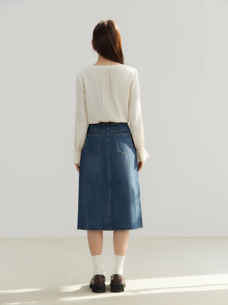 DUSHU High Waist Women Denim Blue Knee-Length Skirts Hem Retro Raw Edge Design Slit Skirt Spring Female Denim Skirt 24DS81126