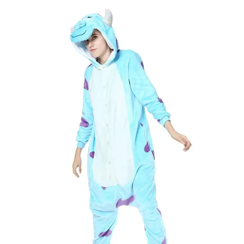 Qq38Sullivan Pakaian Tidur Kigurumi Ekor Berkerudung Flanel Kartun Anime Piyama Uniseks Onesies Kasual Tebal untuk Dewasa Anak-anak Hallowee
