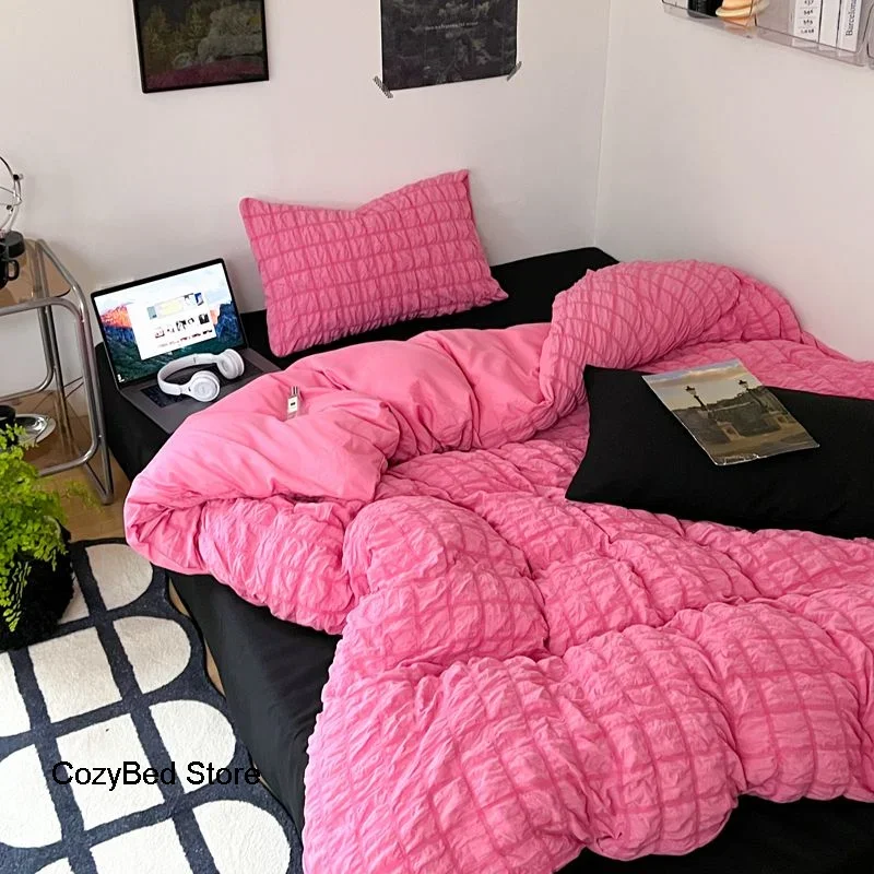 

Seersucker Series Bedding Set Solid Pink Black Duvet Cover Set Queen Single Full Size Soft Flat Bed Sheet Quilt Cover Pillowcase