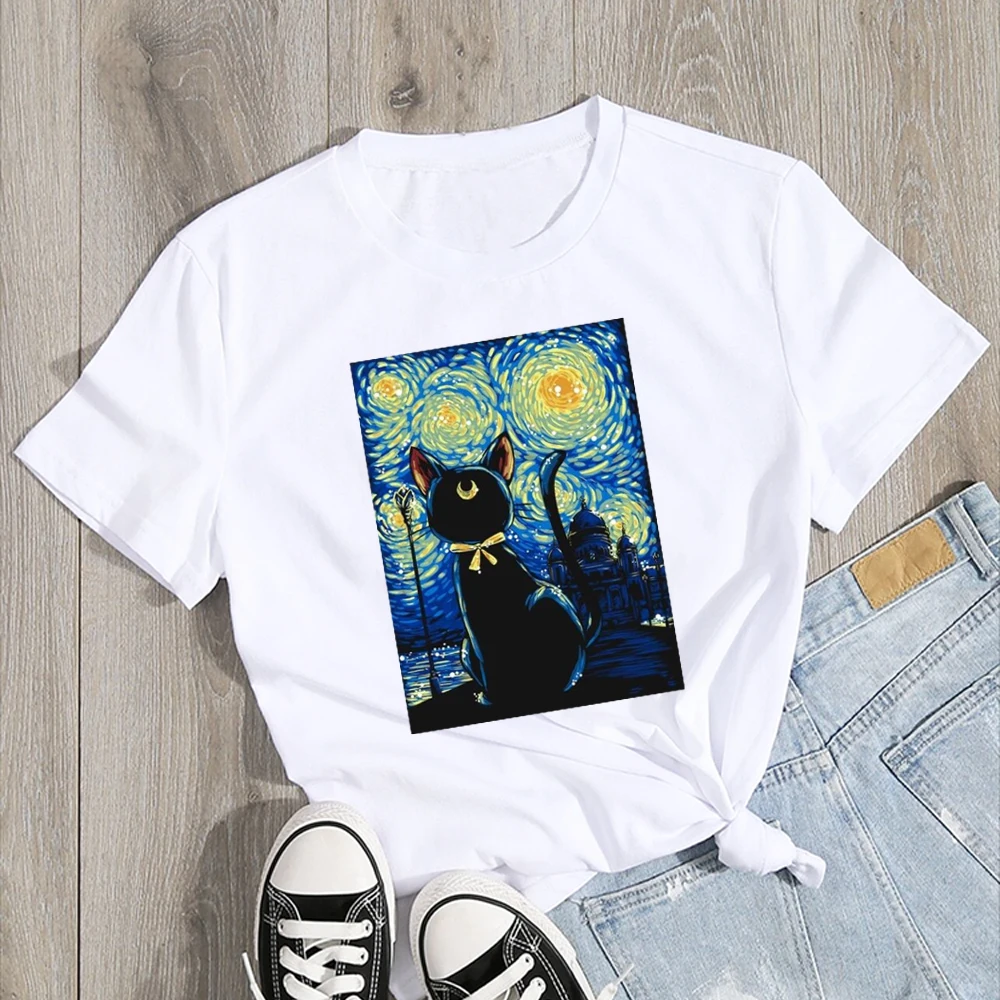 Starry Night Van Gogh Cat T-Shirt Cat-Lover Aesthetic Clothes Y2k Art Tops Graphic Tee Tops 2023 New Short Sleeve Blouses Gifts