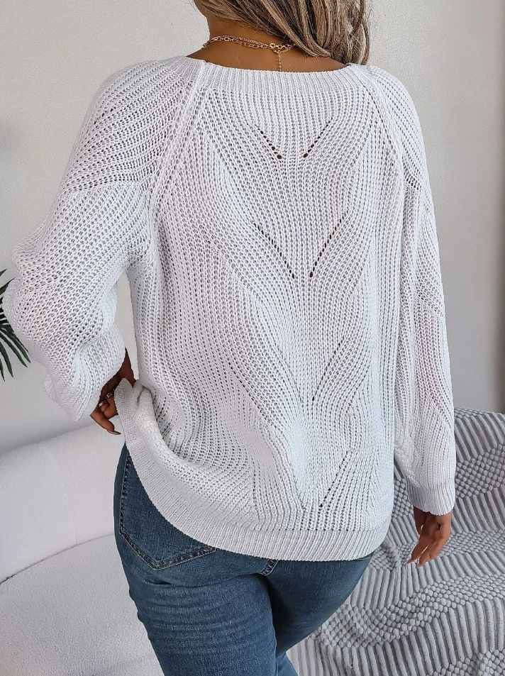 Casual square collar button solid color hollow lantern sleeve sweater