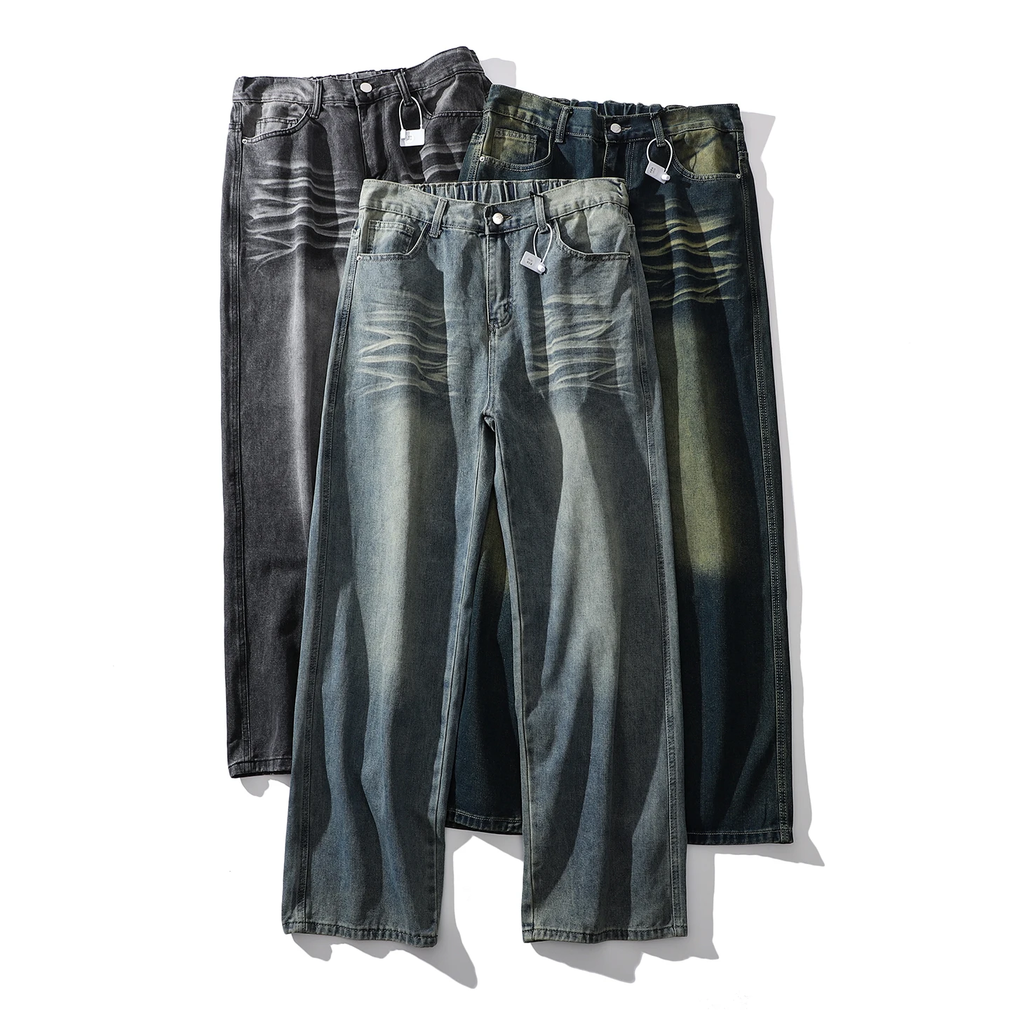 

Мужские свободные джинсы прямого кроя, весна 2026, повседневные, из выцветшего белого денима, длинные брюки со средней посадкой, на молнии, из смесового хлопка и полиэстера