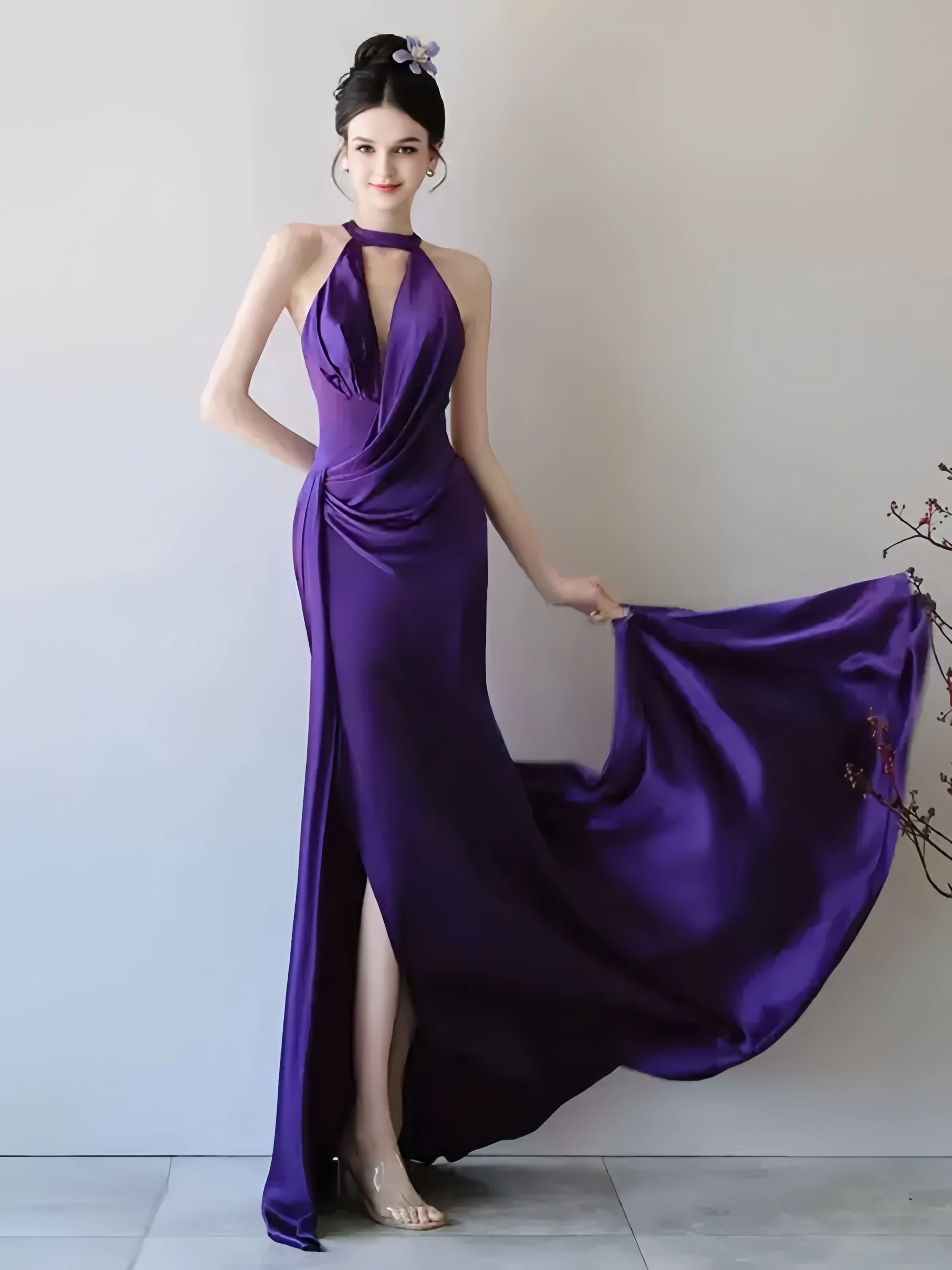 Precioso vestido de noche morado con escote en V profundo, falda estilo cuello colgante, cola con abertura lateral, adecuado para vestido Formal de fiesta para banquete para mujer