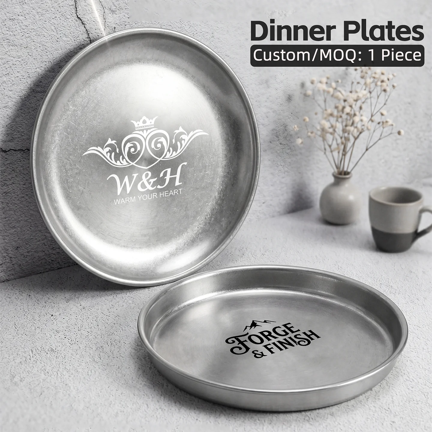 

304 Stainless Steel Dinner Plate Retro Industrial Style Flat Tray Shallow Serving Plate for BBQ Custom Logo Laser Engraved Gift
