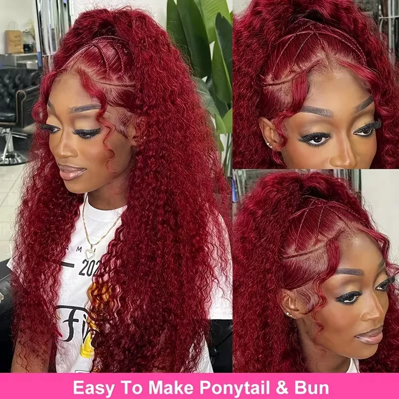 

99j Burgundy 13x6 Hd Lace Frontal Human Hair Wig Deep Wave Curly Human Hair Wigs Water Wave Colored Red 30 Inch Lace Front Wig