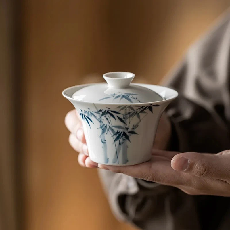 

Hand Painted Bamboo Chawan Porcelain Gaiwan 110ml Jingdezhen Tea Tureen Horse-hoof Cup Chinese Ceramics Teacup Tool Kung Fu Bowl