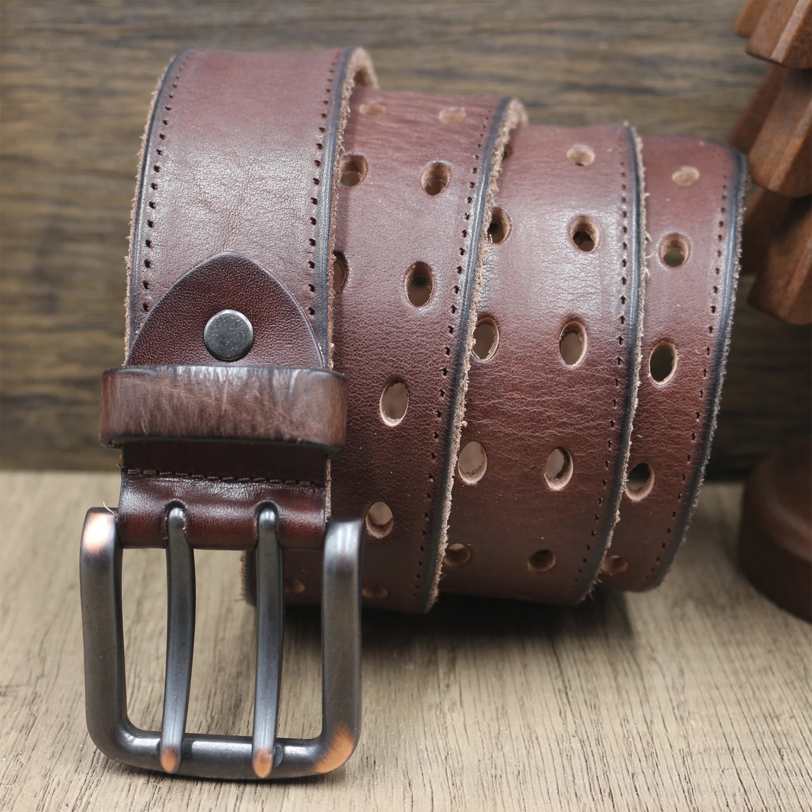 Vintage Multi‑Eyelet Full Grain Cowhide Belt for Men Real Top Layer Leather Pin Buckle Durable Waistband Daily Fashion Accessory
