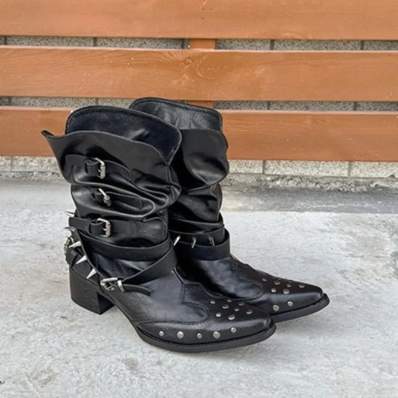 

Одиночные ботинки на блочном каблуке с металлической пряжкой и шипами, новые осенние ботинки с острым носком, противоскользящие, износостойкие, короткие бедра