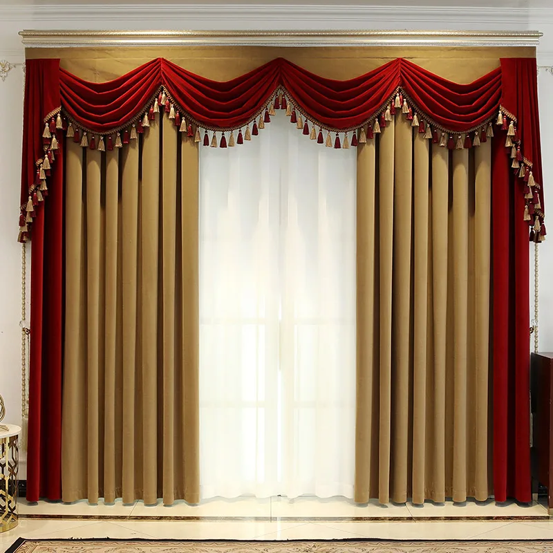 

Custom curtain European bedroom palace luxury high-grade gold yellow velvet cloth blackout curtain tulle valance drape C1445