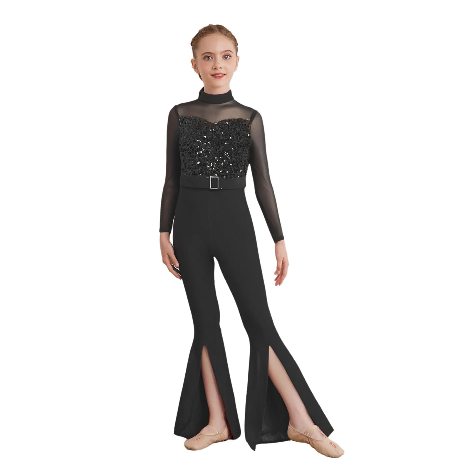 

Kids Girls Jazz Dance Costume Mock Neck Long Sleeve Cutout Back Sheer Mesh Patchwork Sequins Bell-Bottom Jumpsuit Jazz Dancewear