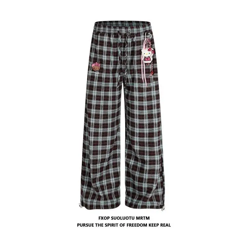

Новые женские брюки Sanrio Hello Kitty из хлопка, повседневные, в американском ретро-стиле, с вышивкой, в клетку, свободные, широкие, в стиле «бойфренд», для комфортного образа.