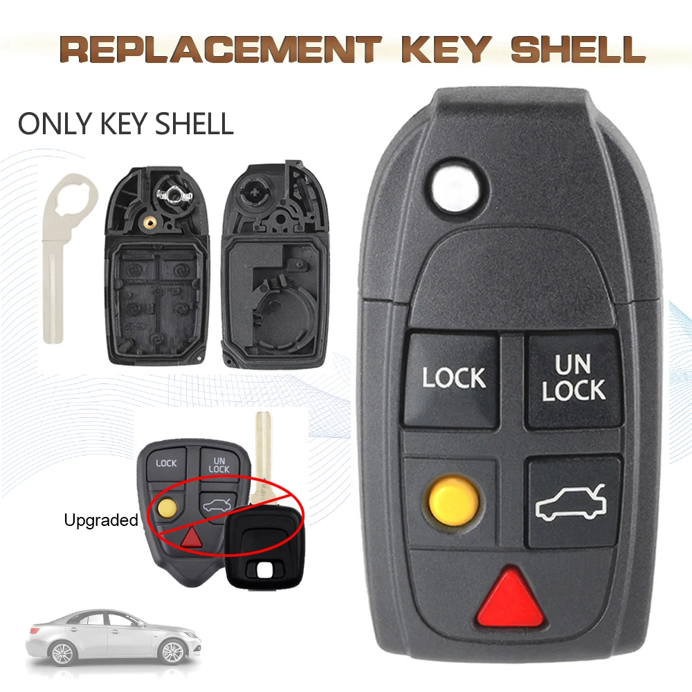 KEYECU 5 Button Flip Remote Key Shell Case Fob Witht Uncut Blade for 2000-2009 Volvo C70 XC70 XC90 S60 S80