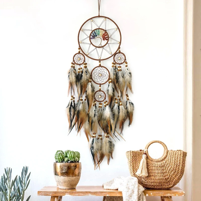 Bohemian Handmade Wind Chimes Dream Catcher 5 Colors Crystal Stone Bedroom Hanging Ornaments Wall Decor Birthday Party Gifts