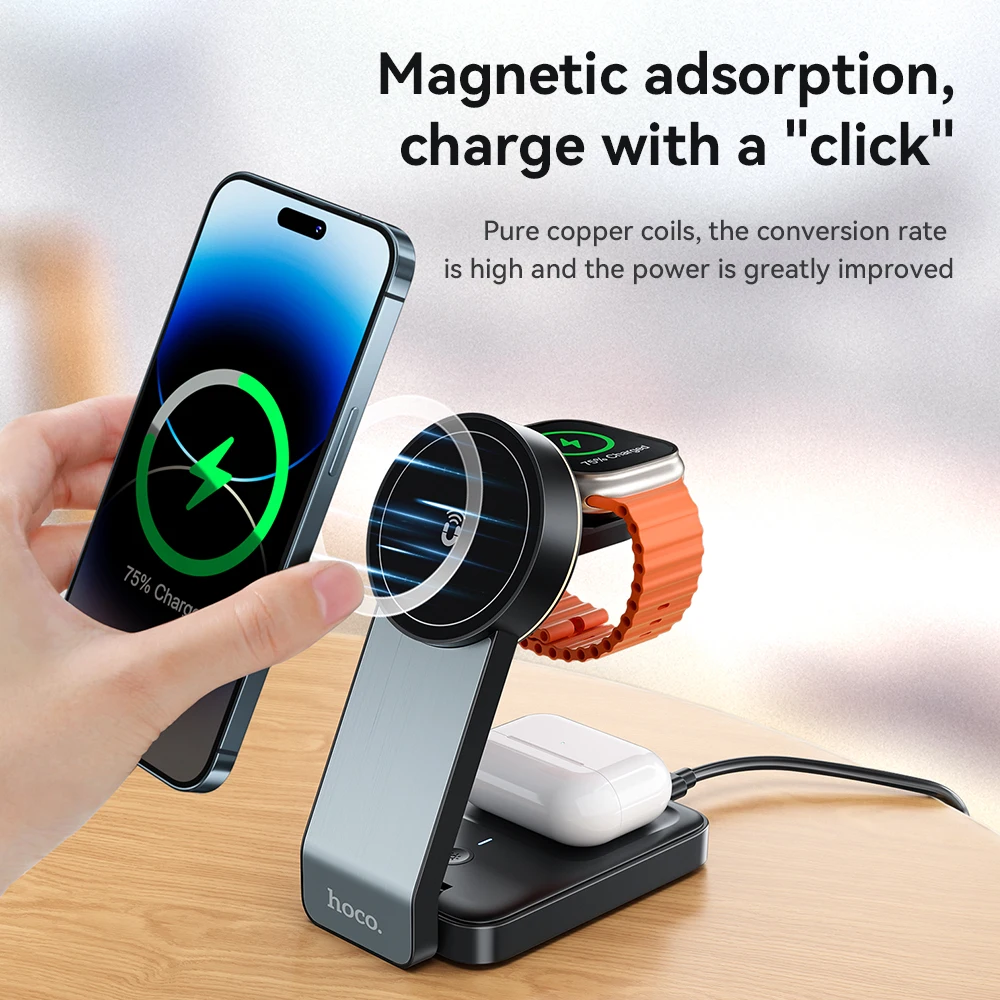 HOCO CQ3 3-in-1 Folding Magnetic Wireless Fast Charger Stand Holder For Iphone16 15 14 Pro Mobile Phones Watch Wireless Charging view 3