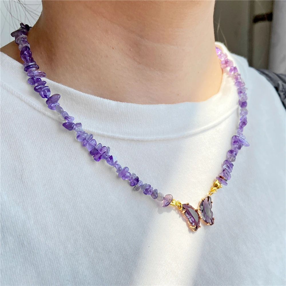 Collana di cristallo farfalla alla moda ametista viola naturale quarzs collana di gioielli in pietra con Chip di cristallo regalo per coppia di donne