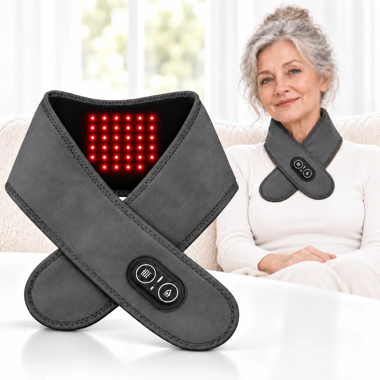 Cordless Neck Warmer Red Light Heating and Massage Rechargeable Wearable Wrap 3 Heat Levels 3 Massage Modes for Home and Office