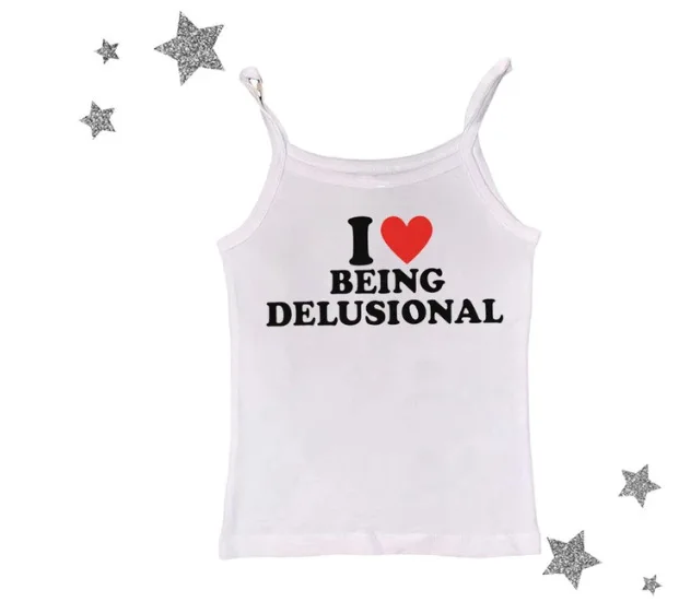 Women I Love Being Delusional Letter Heart Print Cami Tank Top Sleeveless Y2K Aesthetic Slim Casual Summer Camisole Vest