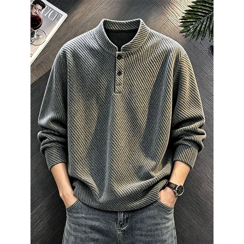 Men Diagonal Stripe Texture Henley Long Sleeve T-shirt Autumn American Retro Sweatshirt Clean Fit Casual Loose Pullover Top Men