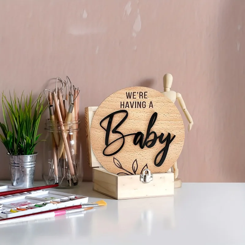 We\'re Having a Baby Pregnancy Announcement Sign Round Wooden Announcement Disc Decoration Maternity Photoshoot Prop