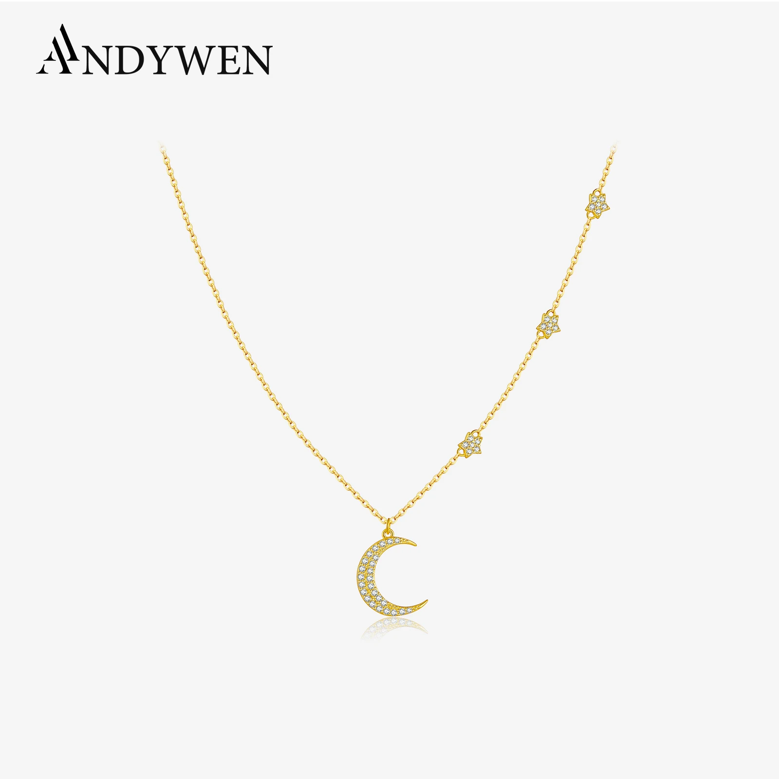 

ANDYWEN 925 Sterling Silver Moon Star CZ Zircon Necklace Pendant Long Chain 2025 Luxury Classical Fine Jewelry Women Gift