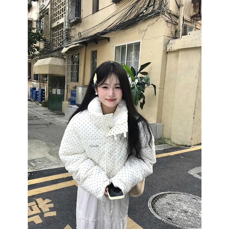 MEXZT سروال قصير سترات نسائية كورية منقطة سترة منتفخة Harajuku اقتصاص أسفل معاطف الشتاء القطن مبطن ملابس خارجية