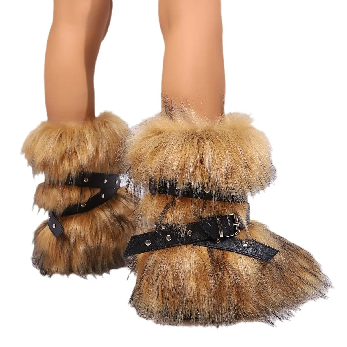 Stivali da neve invernali nuovi lunghi in pelliccia di peluche Moda donna Cintura incrociata Design Stivali di peluche caldi e versatili Donna di grandi dimensioni 36-44