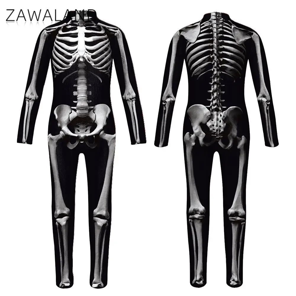 ZAWALAND-Disfraz de Zentai con estampado de esqueleto 3D, traje a juego para Halloween, Catsuit de LICRA Sexy para padres e hijos