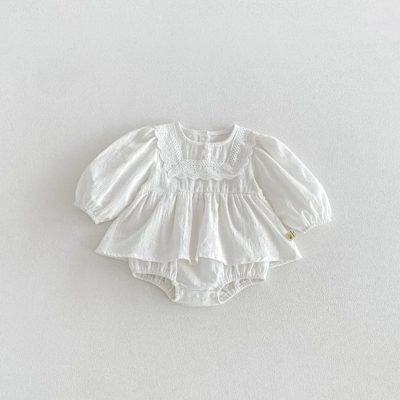 Spring/summer/autumn 2026 Sisters Dress Baby Girls' Solid Color Cotton Lace Collar Climbing Suit Out Jumpsuit