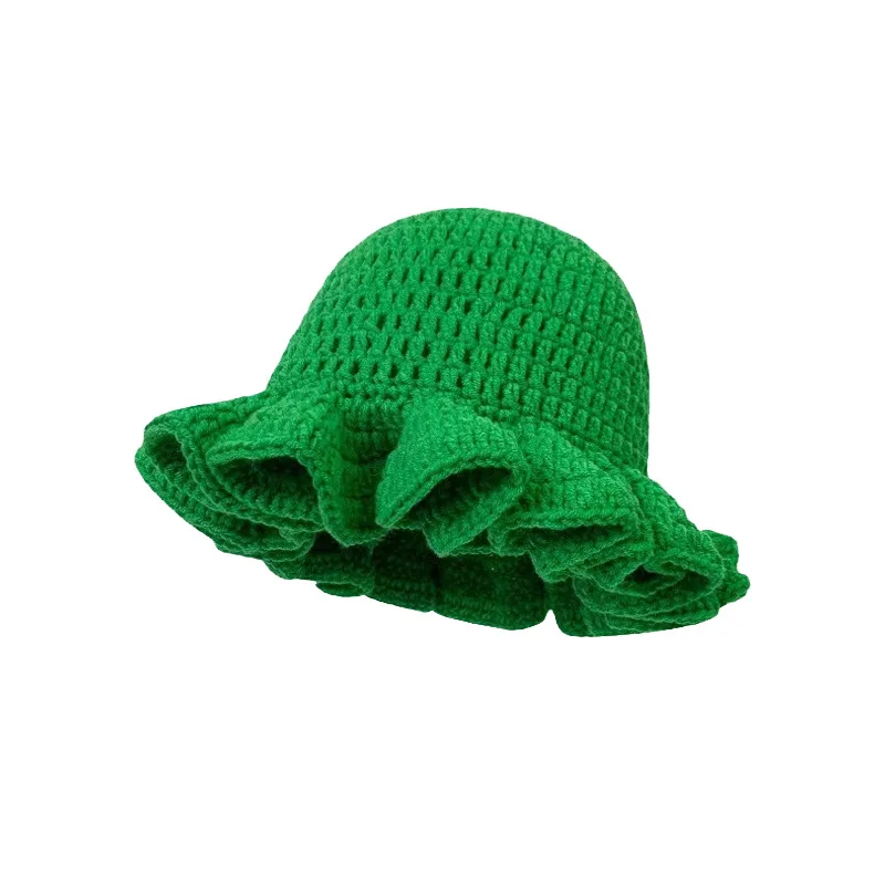 New Handcrocheted Solid Color Bucket Hat Women's Autumn and Winter Pleated Ruffle Leaf Edge Versatile Simple Knitted Beanie Cap