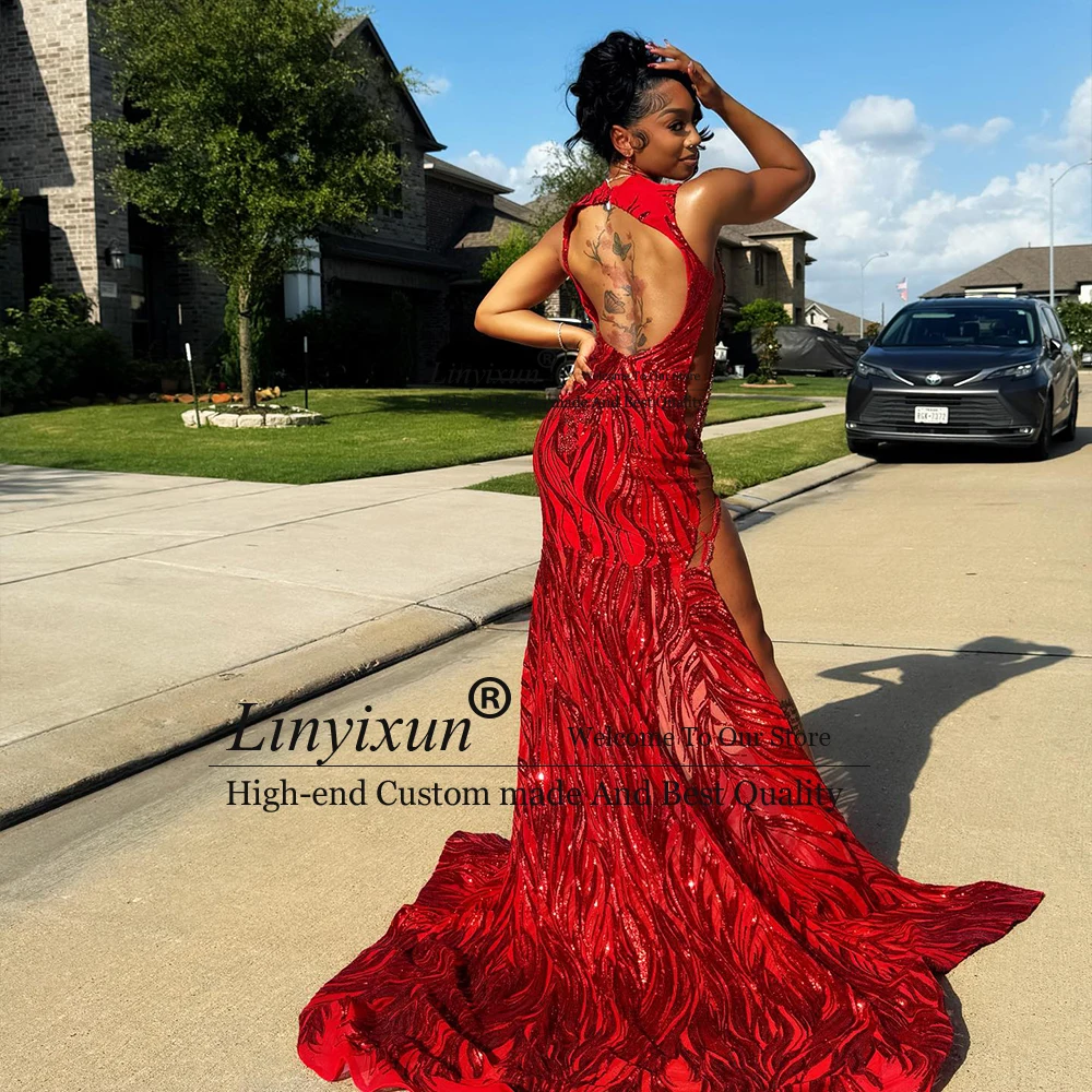 Luxurious Beading Prom Dress for Black Girl Side Slit Sequin Mermaid Evening Party Gown Customized Sleeveless vestido madrinha