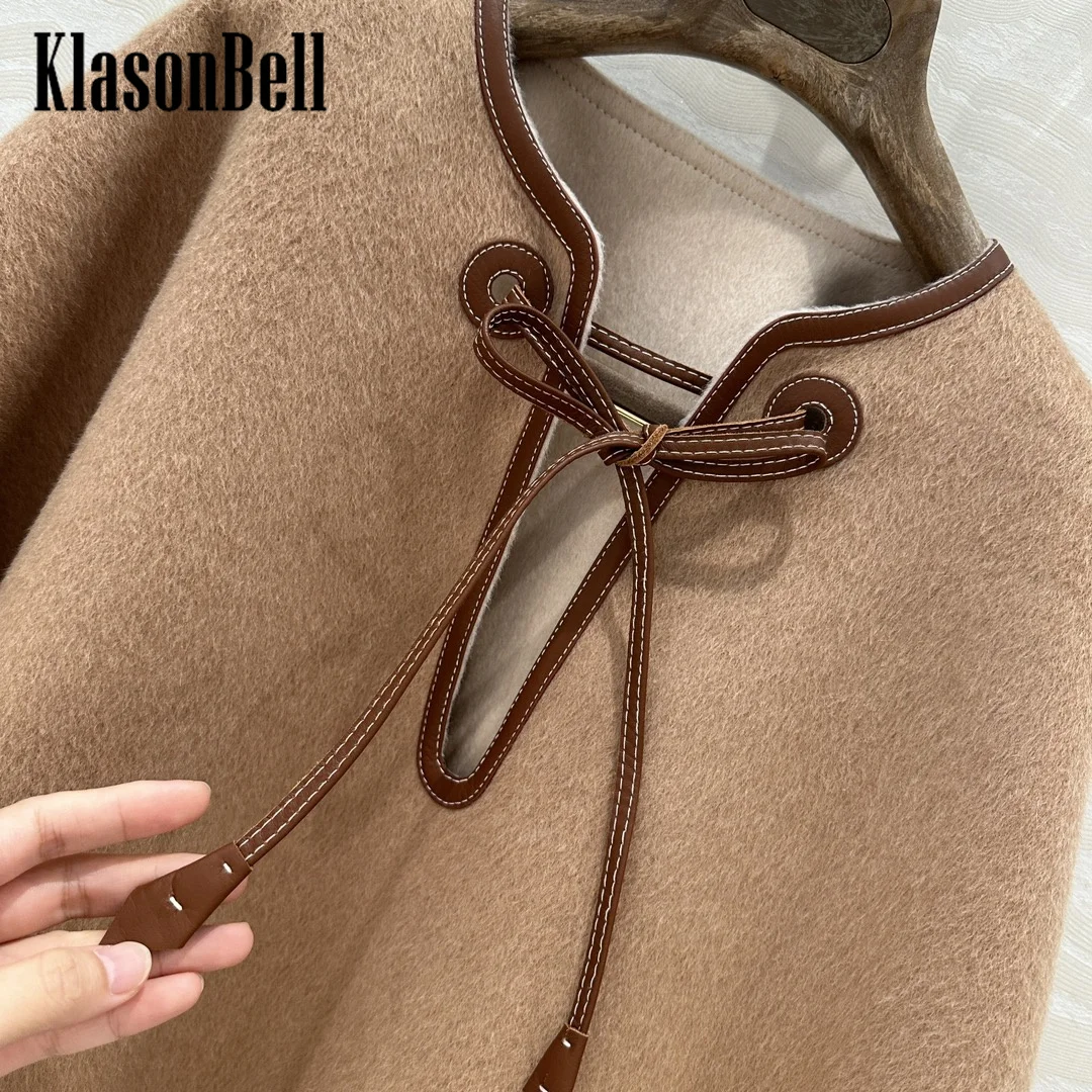 9.21 KlasonBell Women\'s Fashion Genuine Leather Lace-up Decoration Shawl Capes Elegant Keep Warm Cashmere Asymmetric Coat