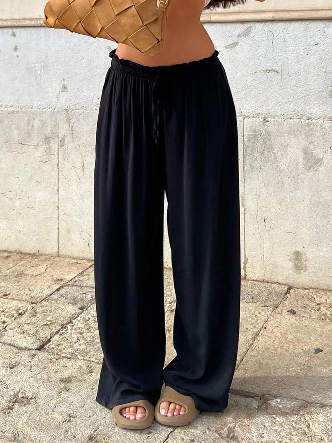

Weekeep Women Black Casual Pants Vintage y2k Ruched Low Rise Loose Straight Sweatpants Streetwear Basic Trousers Summer Fashion
