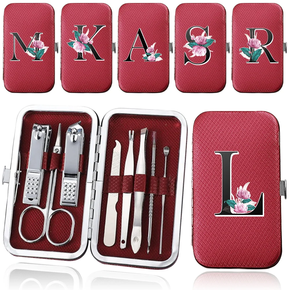 

8Pcs Portable Manicure Set Pedicure Kit Nail Clippers Organizer Personal Care Tool Eyebrow Scissors Whitemarble Letter Pattern