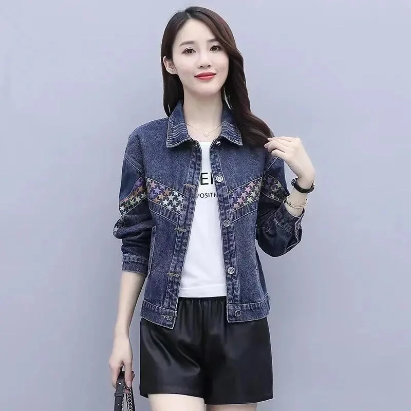 

Korean Female Large Size 5XL Denim Coat Women Short Long Sleeves Jeans Jacket Autumn Lady Splicing Together Cowboy Outwear