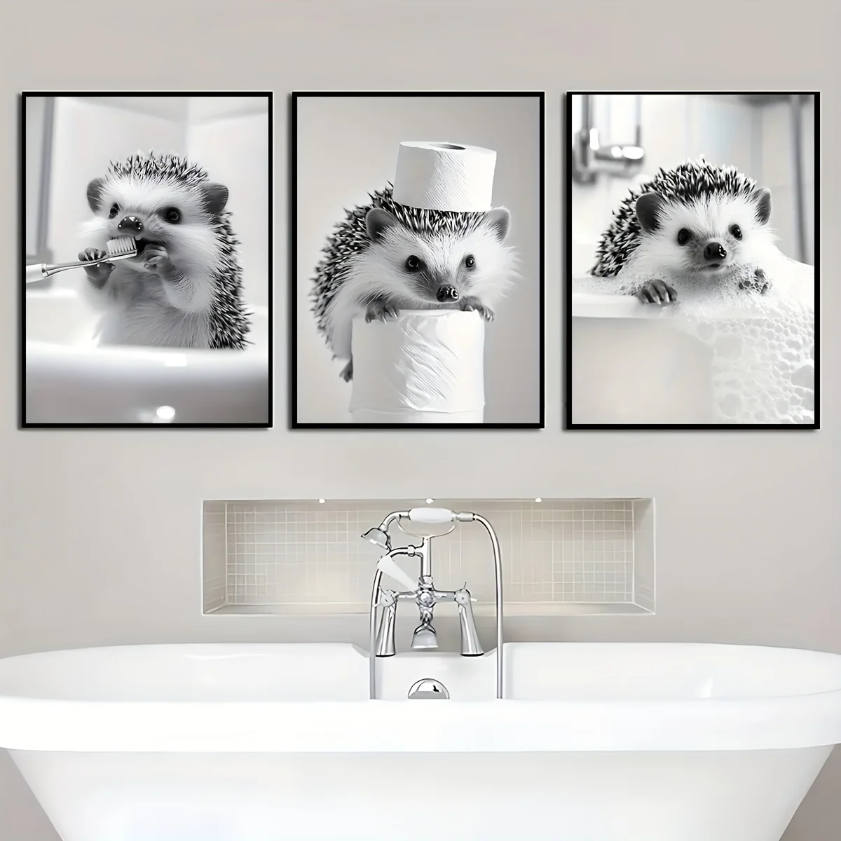

Набор из 3-х безрамных ретро-постеров с черно-белыми забавными животными, картина на холсте с ежиком для ванной комнаты, креативное настенное искусство, подарок на день рождения