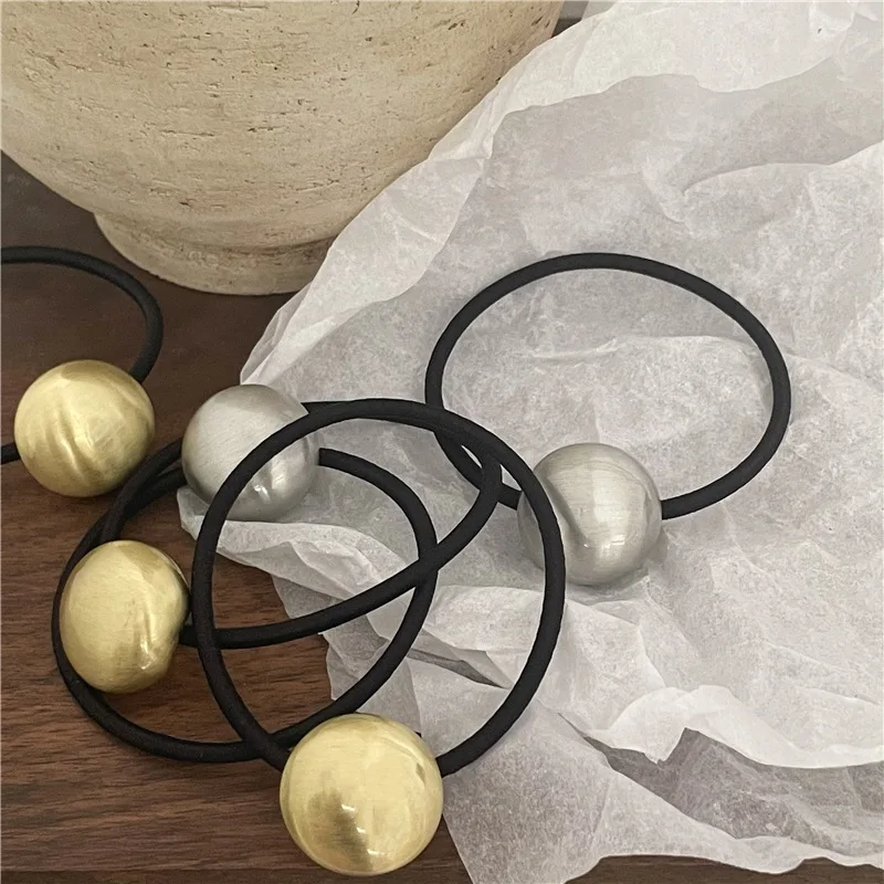 Cold Style Metal Brushed Paint Surface Lentil round Hair Ring Alloy Oval Beaded Hair Rope Ponytail Rubber Band New Headwear