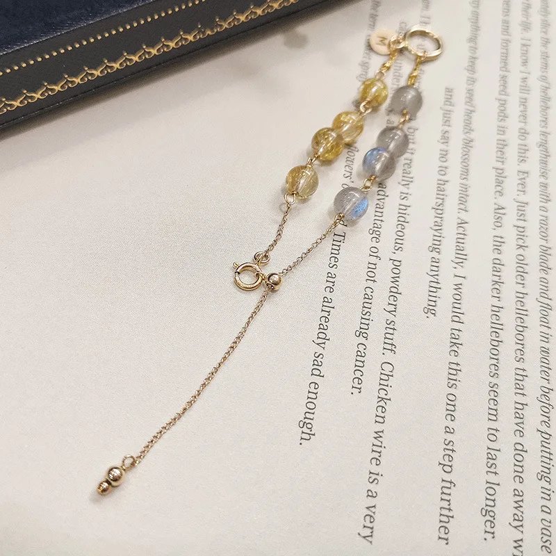 

Natural Rutilated Quartz Bracelet, 14K Gold Faded Moonstone, Dainty Slim Jewelry, Elegant Women