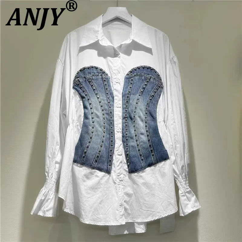 

ANJY Autumn New Woman Tide Shirt Long Sleeved Single Breasted Spliced Denim Studded Diamonds Slimming High Street Y2K Tops A8715