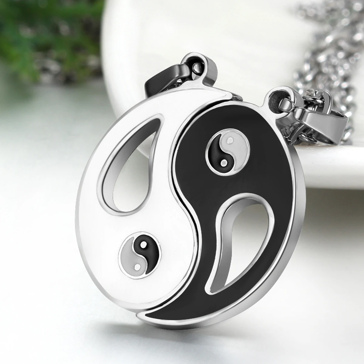 BONISKISS Stainless Steel Chinese Mystical Yin Yang Tai Chi Ba Gua Matching Pendant Gold  Silver Color Black With Chian(Pair)