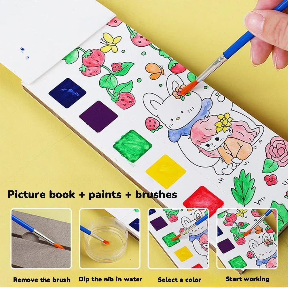 12 Sheet Watercolor Painting Coloring Book Set with Paint Brush Kids Gift Art Supplies Stationery