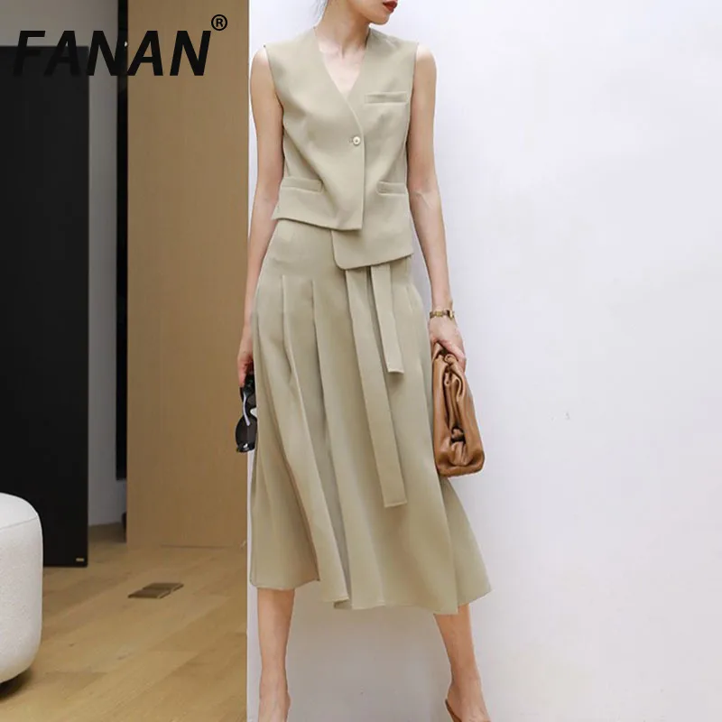 

FANAN Women's 2 Piece Set Irregular V Neck Sleeveless Vest+high Waist Pleated Belt Gathered Waist Skirts Fashion 2025 Spring New
