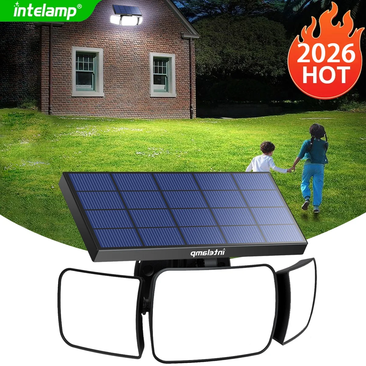 Intelamp Solarleuchte für den Außenbereich, Sicherheits-Flutlichtstrahler, 4000 mAh, mit großem Solarpanel, mit 3 Modi, zwei Bewegungssensoren, erkennt breiter und länger, für Garten, Hof, Garage