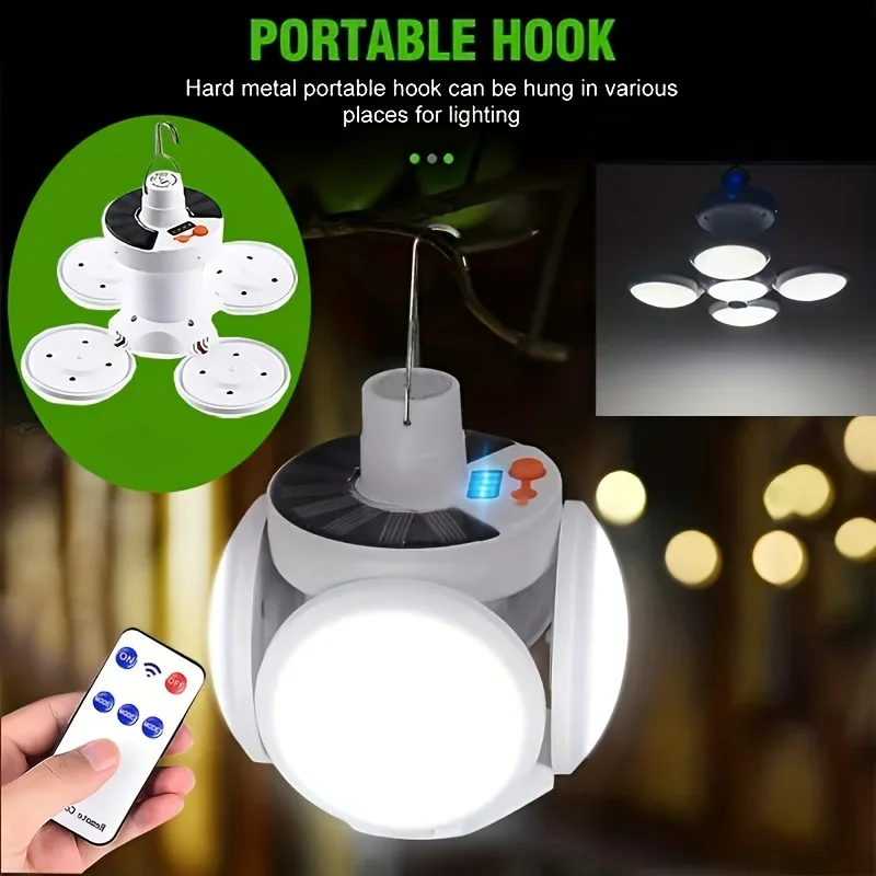 Solar Camping Light Portable Flashlight Folding Rechargeable LED Lamp with Hook Remote Control Tent Emergency Chandelier Torch