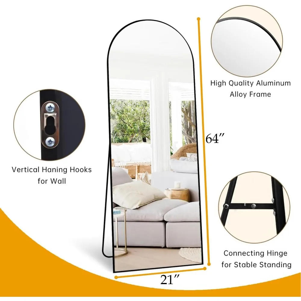 Large Standing Floor Mirror with Stand, Arched Full Length Mirror for Bedroom, 64x21, Ideal for Full Body Reflection and Leaning