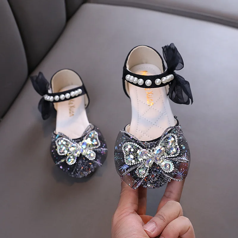 AINYFU New Little Girl Leather Sandals Girls Princess Rhinestone Bowknot Sandals Fashion Kids Causal Flat Wedding Shoes J322