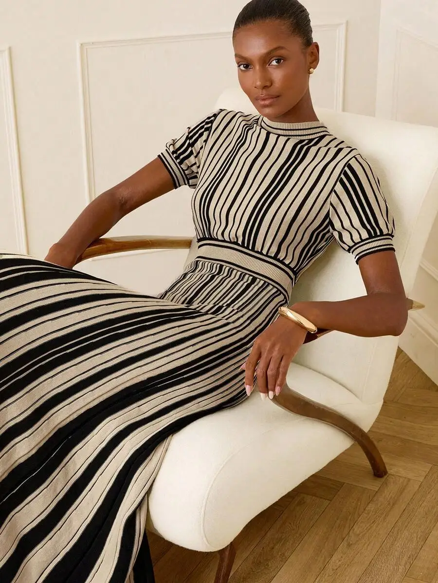 

Cream And Black Vertical Striped Knit Maxi Dress For Women, High Stand Collar, Short Puffed Sleeves, Fitted Bodice, Pleated