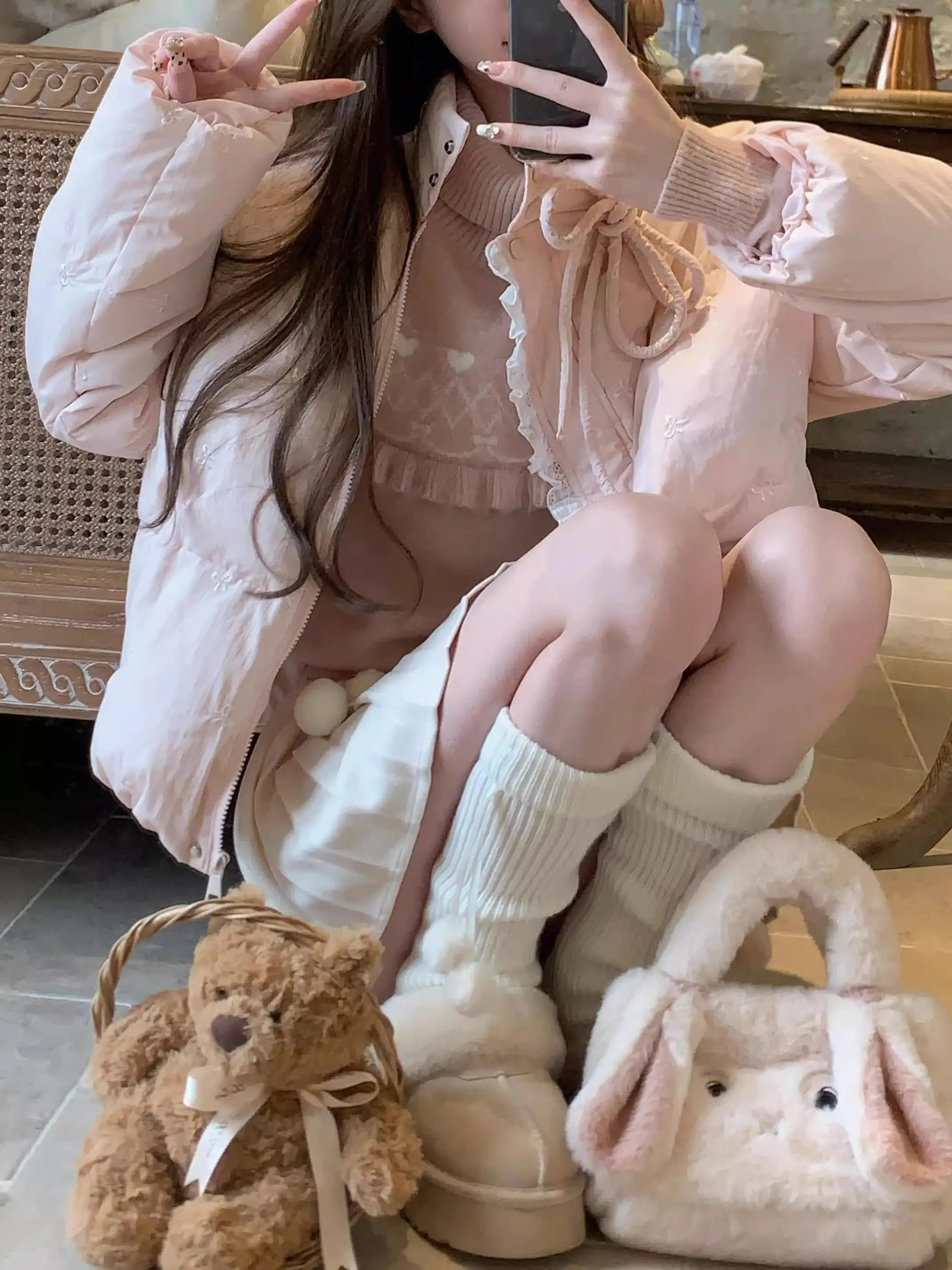 

Новая зимняя женская теплая короткая куртка из хлопка с вышивкой и узлами, в стиле Sweet Sle Pink Simple Match