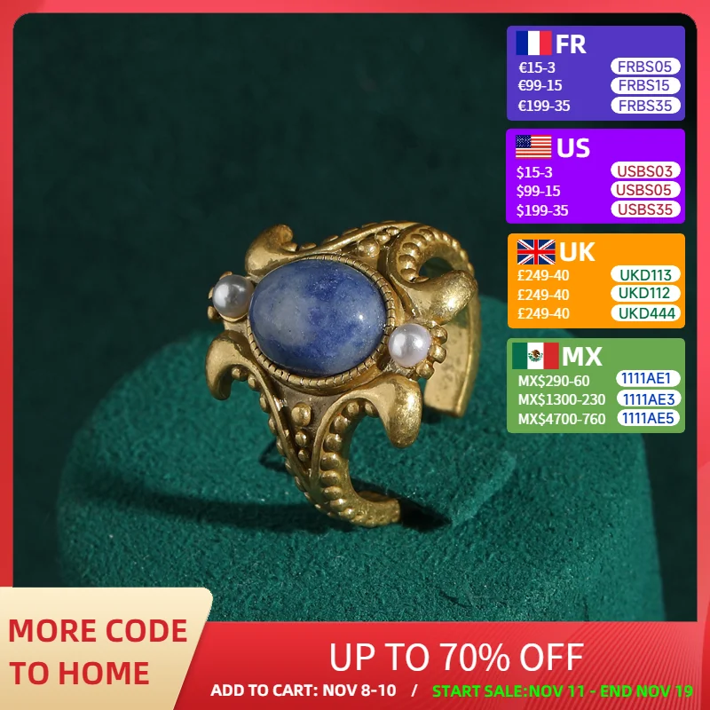 

Luxury Gold Color Blue Natural Stone Glass Palace Vintage Rings Pearls for Woman Wedding Antique Jewelry Korean Designer Open